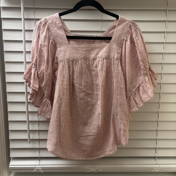 beachlunchlounge Tops - Women's Square Neck Linen Blend Striped Pink Shirt Size XS